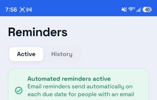 Reminders view showing automated email reminders and unpaid status at a glance.