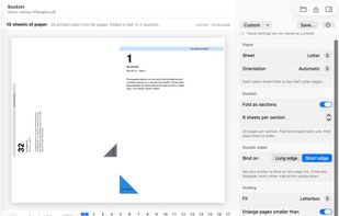 Booklet preview with page order, paper settings and binding guidance.