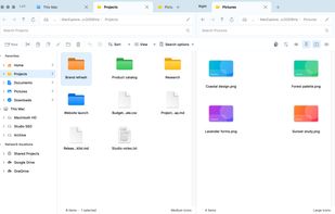 Dual-pane browsing with independent tabs, Finder color tags, and image thumbnails. Fictional sample files.