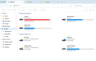 This Mac displays drives, storage usage bars, and local cloud and network folders. Fictional sample accounts and storage figures.