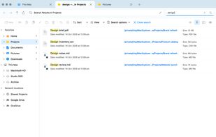 Filename search with highlighted matches, modification dates, sizes, and clickable containing-folder paths. Fictional sample files.