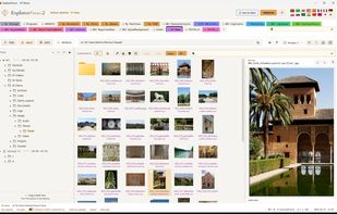 Light mode: a folder of travel photos in icon view, with the Image and PDF buttons lit for the selected photo.