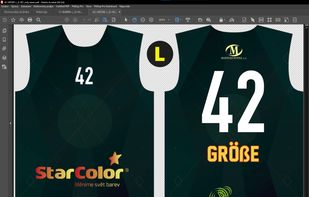 One finished design — name, number, sponsor logos and automatic diacritics
