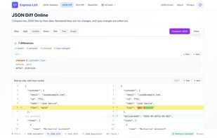 JSON Diff: key order ignored, each change listed by path, type changes called out