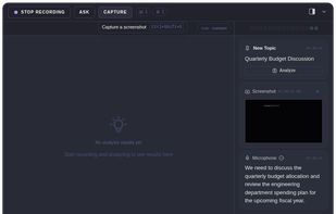 ExtraBrain live workflow in dark mode with transcript and screenshot context.