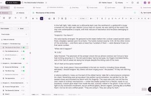 Your writing room: outline, sheets, scenes and world — all in sight.