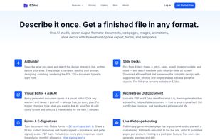 Features — AI Builder, slide decks, visual editor with Ask AI, Recreate, forms & e-sign, hosting
