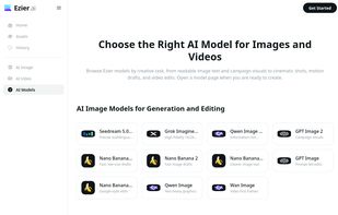 Ezier AI Models page showing supported image and video generation models.