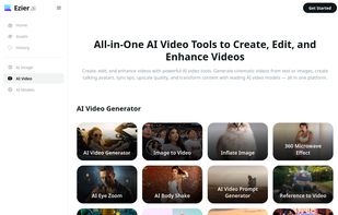 Ezier AI Video tools page showing video generation, editing, enhancement, and cleanup tools.