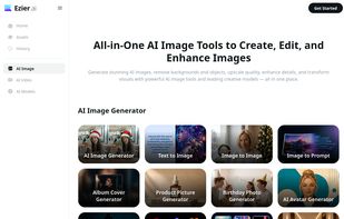 Ezier AI Image tools page showing image generation, editing, and enhancement tools.