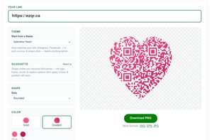 Showing free custom QR generator, theme "Valentine Heart" picked