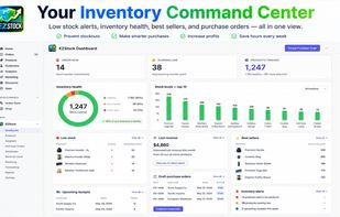 Dashboard with inventory health, low stock alerts, best sellers