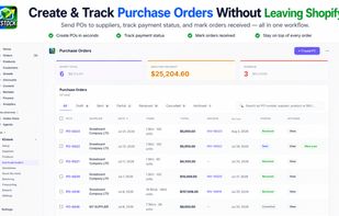 Purchase orders list with supplier, total, and status tracking