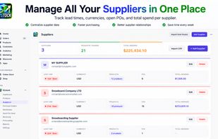 Suppliers list with lead times, open POs, and total spend