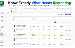 Products linked to suppliers with stock status and reorder point