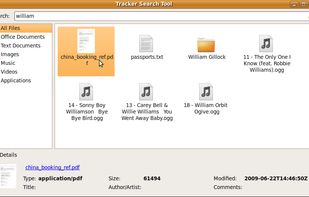 Search Tool - The main application for searching for content is called tracker-search-tool. With this tool you can browse your data by category. Each time a file is selected the details about that file are described in a bottom pane of the window.