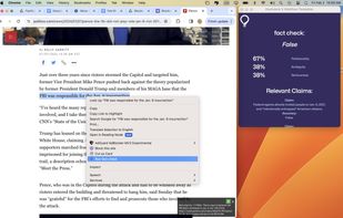 Right-click context menu with a sentence selected. A pop-up on the right shows the legitimacy results of that sentence. (picture from the extension page on the Chrome Web Store)