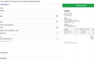 Fill in the invoice form on the left and watch the preview build on the right. The layout follows the destination country and the interface language.