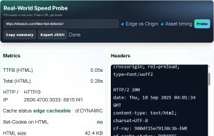 Instant readout of TTFB, total time, HTTP version/IP, cacheability, cookies on HTML, DOM size, script counts, and LCP heuristic
