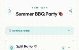Event setup: assign a custom split ratio to each member or family (e.g. adults 1.0, kids 0.5), with special rules such as splitting alcohol only among those who drink.
