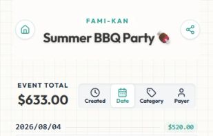 Expense list: every expense is logged with a running event total, so the whole group can see where the money went — no spreadsheet needed.
