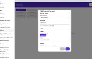 Financial screen with setup box open for information. Picker in left tab allows sorting catagories.
