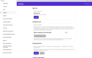 Settings, showing setup for App Lock, Emergency Card, Backup and Restore, Transfer to a New Device. Appearance theme is not shown.