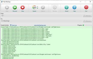 Main window showing source and destination folders, progress and backup options.