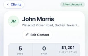Every client gets a profile with lifetime value, job history, and notes — see open estimates, accepted jobs, and what each customer is worth at a glance.