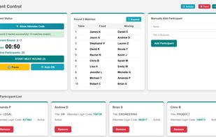 Live Host Dashboard
Host control panel with active countdown, participant pairings, table assignments, and round management