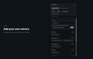 Add your own mirrors — FastWeb side panel with domain and alternatives form filled in — dark theme