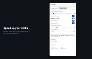 Speed up your clicks — FastWeb preferences tab with DNS/TCP/TLS prefetch settings — light theme