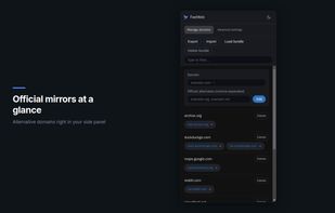 Official mirrors at a glance — FastWeb side panel showing alternative domains for popular websites — dark theme