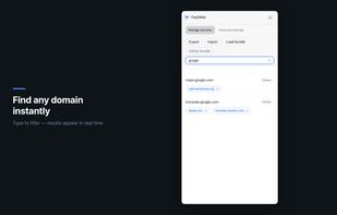 Find any domain instantly — FastWeb side panel with search filter showing matching results — light theme