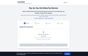 Current FaxOnWeb upload screen: PDF, DOC/DOCX, TIFF, JPEG and PNG support, with a 50 MB total upload limit per fax. September 2026.