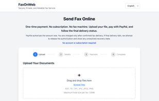 FaxOnWeb browser upload screen with pay-as-you-go PayPal authorization and final delivery tracking.