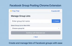 Group Lists manager screen. Create, edit, and organize reusable lists of Facebook groups to post to with a single click.
