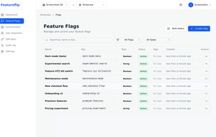 Project dashboard showing all feature flags across environments, with status, evaluation count, and last-modified at a glance.