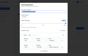 Condition-group targeting lets you serve different variations to specific users, segments, or environments using AND/OR rule logic.