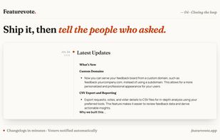 A changelog post announcing what shipped, with an option for customers to subscribe to updates.
