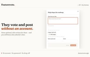The submit form. Customers post an idea and vote without an account, with name and email optional.