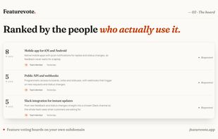 A public board where customers see requests ranked by votes, each with a status label.