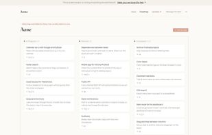 Public roadmap showing requests grouped by status. Acme demonstration board with sample data.