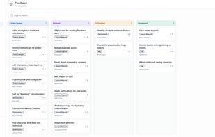 Manage your feature backlog with a kanban board — move requests from Under Review to Planned, In Progress, and Completed. Keep your users informed.