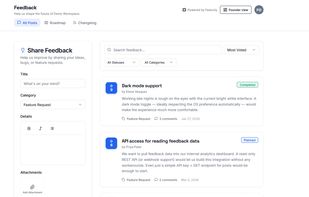 Users submit and vote on feature requests from a public board — duplicates are merged automatically and follow-up questions are asked using AI to remove ambiguity