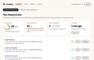 Every connected store and channel in one view, with what is ready to advertise and what is not.