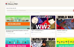Studies: saved YouTube videos organized by topic with personal notes.