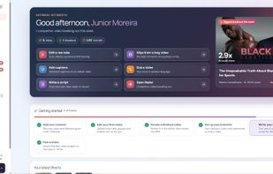 Dashboard with quick actions: edit a video, add captions, make clips, write a script or dub.