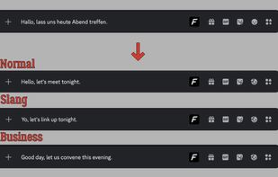 3 styles for translating text entered into the input field - Normal, Slang, Business.