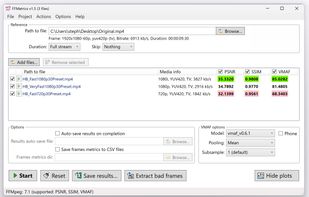 User interface with example use case; comparing quality assessment metrics between an original video, and various encoded derivatives using handbrake presets.